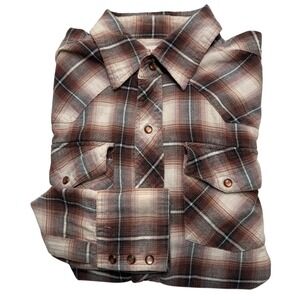 Parts Women  Cotton Brown Plaid Western Snap Button Shirt Size SM Rustic Flannel